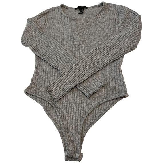 FOREVER 21 HIGH-RISE LONG SLEEVE RIBBED KNIT BODYSUIT, WOMENS, L, GREY, SNAPS - Picture 3 of 10